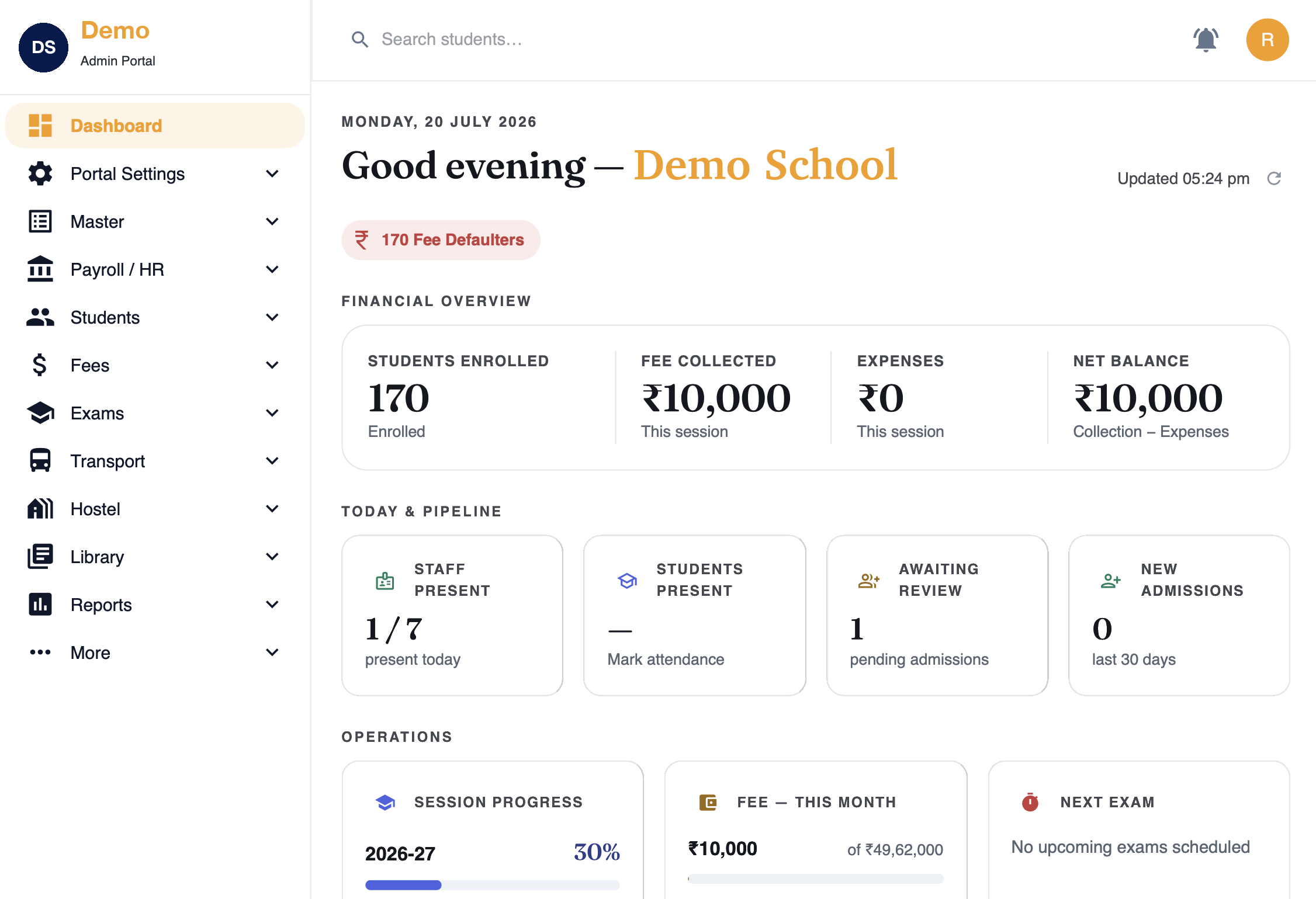 Vidyano admin dashboard showing students enrolled, fee collection, expenses, staff and student attendance, pending admissions and session progress
